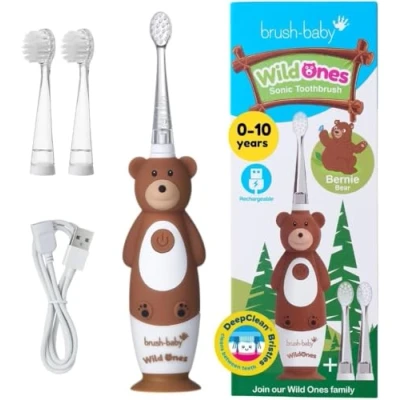 Image of Brush Baby WildOnes Kids Electric Rechargeable Toothbrush Bear, 1 Handle, 3 Head, USB Charging Cable, for Ages 0 10 (Bear)