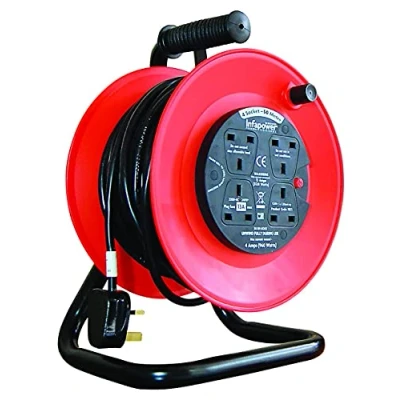 Image of 50 Meter Extension Cable/Lead Heavy Duty Reel, 4 Socket, 13 Amp Red