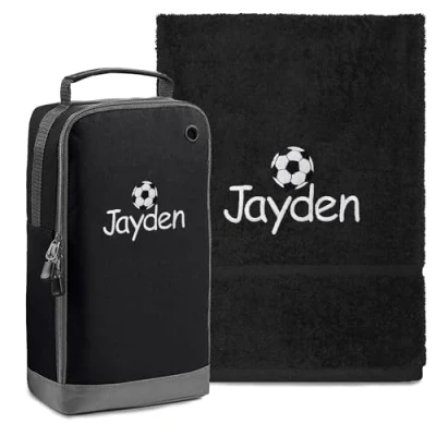 Image of TeddyT&#039;s Personalised Football Embroidered Hand Towel &amp; Boot Bag Sports Set (Black)
