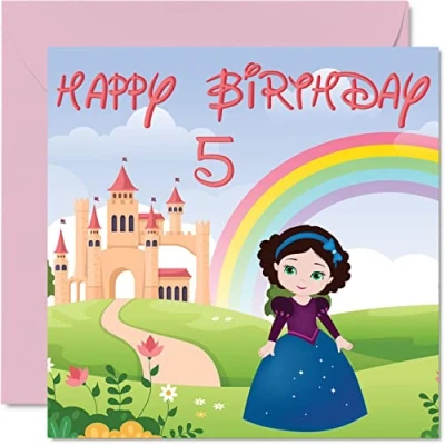 Image of 5th Birthday Card Girl Princess Castle Happy 5 Year Old Girl, Girls Five Fifth Cards for Her, 145mm x Greeting Daughter Niece Granddaughter Kid Children