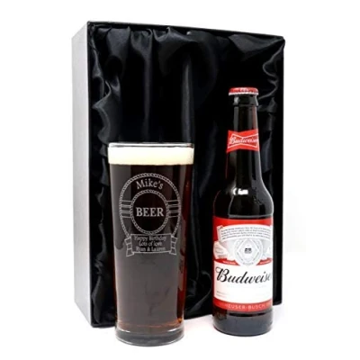 Image of Regalo Personalised Engraved Pint Glass &amp; Beer Gift Set Design (Budweiser Lager Beer, Silk Lined Box)