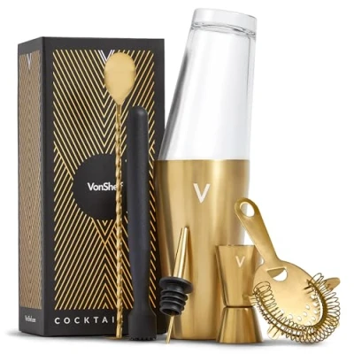 Image of VonShef Cocktail Shaker Set, Gold 6pc Set with Boston Shaker, Bartender Kit Strainer, Muddler, Jigger &amp; More, Gift Box Included