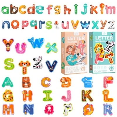 Image of Magnetic Letters, 52Pcs Uppercase &amp; Lowercase Letters Set Cute Fridge Magnets for Kids, Educational Spelling Learning Tool with Animal Alphabet Magnets, ABC Baby Toddler Preschool