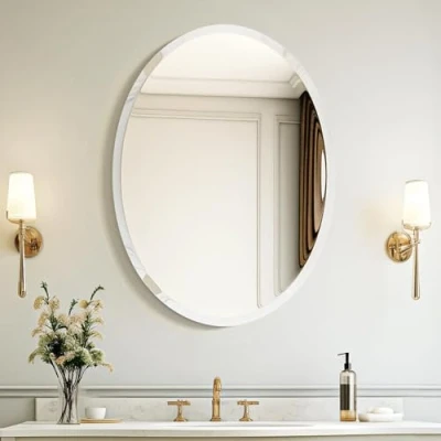 Image of USHOWR 20 x 28 Inch Frameless Oval Wall Mirror, Large Decor Mirror for Bathroom, Vanity, Bedroom, 1&quot; Beveled Edge, Modern Style
