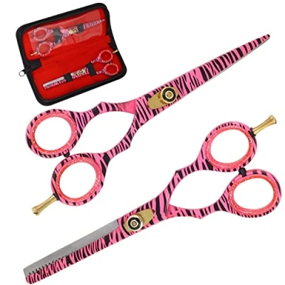 Image of Pink Zebra Professional Barber Scissors Shears Thinning Hairdressing Salon Set