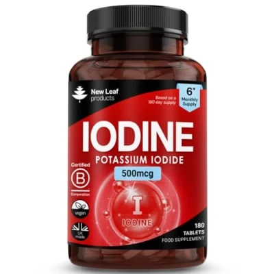 Image of Iodine Tablets 150mcg 180 Vegan High Strength Supplements, Natural Source of from Potassium Iodide, 6 Month Supply, GMO Free, Made in UK by New Leaf