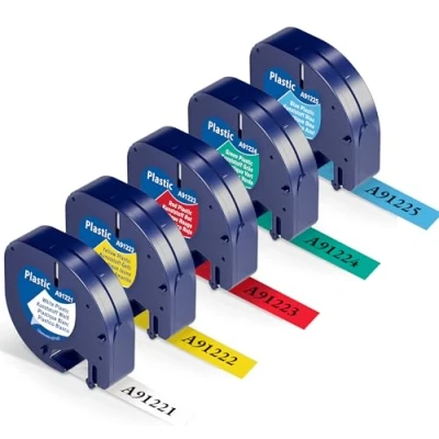 Image of Wonfoucs Compatible with Dymo Label Tape Replacement for LetraTag 12mm x 4m LT 100H 100T XR, Refills Plastic 91201 91205, 5 Multicolour