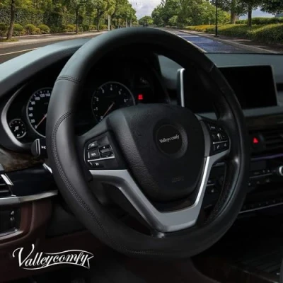 Image of Valleycomfy Car Steering Wheel Cover Microfiber Leather Universal 15 Inch (Black)