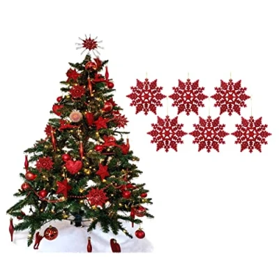 Image of Simply Products Pack of 6 10cm Glitter Hanging Decoration, Snowflakes Christmas Tree Decorations (Red)