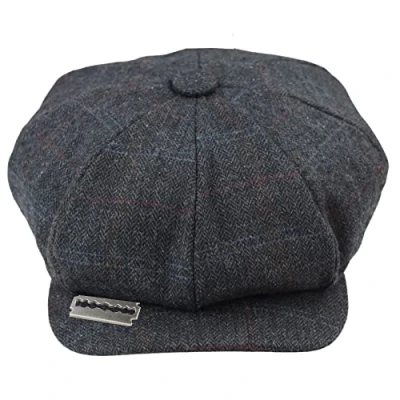 Image of TruClothing Mens 8 Panel Razor Baker Boy Hat Wool Tweed Blinders Newsboy Flat Cap Blue Check Charcoal Grey M