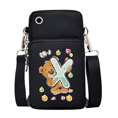 Image of FINDING CASE initial letter Printed Women Girls men Zipper Waterproof Nylon 3 Layers Crossbody Bags Wallet Cellphone Purse Shoulder Bag Wristlet Handbags Adjustable Strap (Bear X)