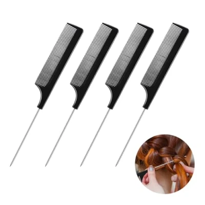 Image of 4 Pieces Hair Comb, Anti Static Tail Combs Fine Tooth Steel Pintail Highlight Heat Resistant and Salon Rattail Parting Teasing Comb for Women Men