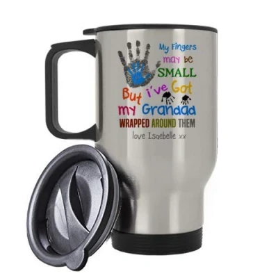 Image of Personalised My Fingers May Be Small But I&#039;ve Got Grandad/Grandma/Any Name Themed 14 oz Travel Mug. (Silver Mug)