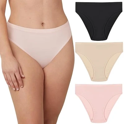 Image of Maidenform Women&#039;s Hi Cut Underwear, Barely There Invisible Look High Waisted Panty, 3 Pack, Black/Almond/Sheer Pale Pink, S