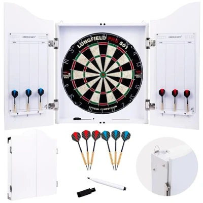 Image of Engelhart 065019 Wooden Dart Cabinet + Sisal Dartboard 2 Sets of 18 g Darts (White)