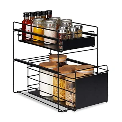 Image of Relaxdays cupboard, 2 baskets, kitchen organiser, storage shelves, for bathroom, pull out, black, Steel, 39,5x25x40,5 cm