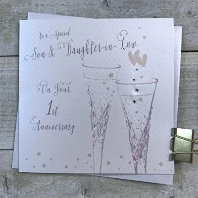 Image of White Cotton Cards Son &amp; Daughter in Law 1st Paper Wedding Anniversary Flutes, White/Cream, 16cm x