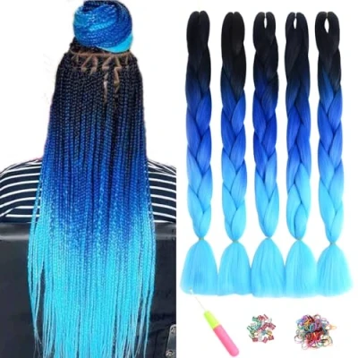 Image of ShowJarlly 5 Packs Ombre Jumbo Braid Hair, Black/Royal Blue/Sky Blue Kanekalon Hair African Extension, 24inch Box Extensions Synthetic Colorful for Braiding