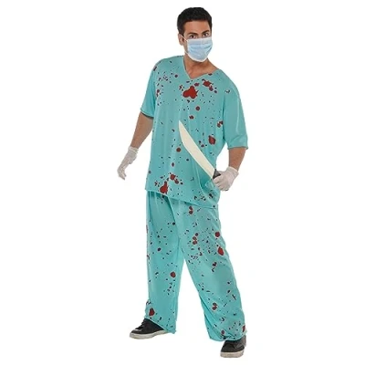 Image of Amscan 841778 55 Unisex Adults Halloween Bloody Surgeon Scrubs Fancy Dress Costume Standard, M