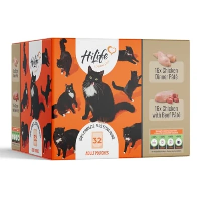 Image of HiLife it&#039;s only Natural Complete Wet Cat Food The Big Chicken One in Jelly 100% Ingredients Grain Free, 32 Pouches x 70g
