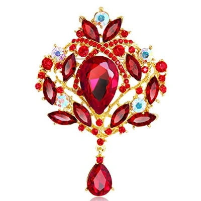 Image of Brussels08 Women&#039;s Luxury Flower Bouquet Teardrop Brooch Pin Rhinestone Pendant Cocktail Corsage Wedding Jewelry Red gold Plated