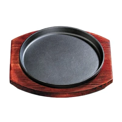 Image of Round Cast Iron Sizzler Platter with Wooden Trivet 24cm