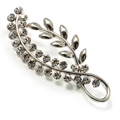Image of Avalaya Silver Plated Decorative Crystal Leaf Brooch