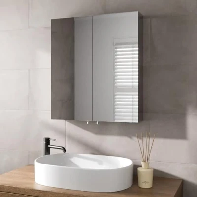 Image of Artis® 600 x 670mm Bathroom Mirror Cabinet Storage Wall Mounted Cupboard Ready Assembled Unit Double Mirrored Door, Stainless Steel