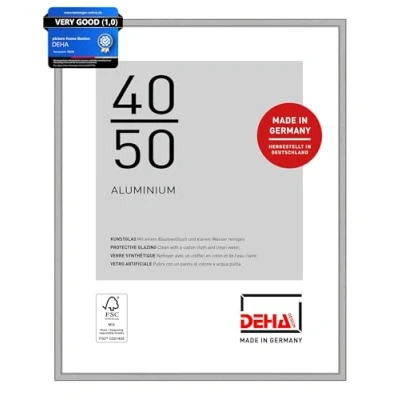 Image of DEHA Design Boston Photo Frame 40x50cm, Aluminium Picture Frame, Silver with Protective Acrylic Glazing and Push Turn Clips Frosted