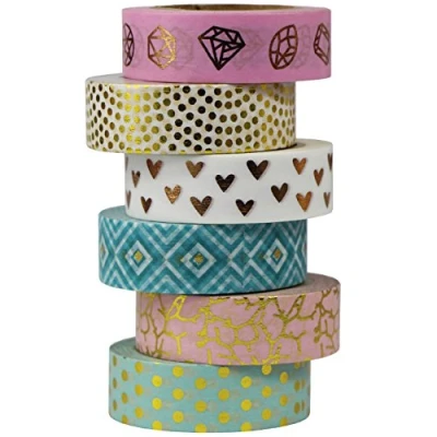Image of UOOOM 6Pcs Gold Foil Washi Tape Decorative Sticker Paper Masking Adhesive Scrapbooking DIY Craft Gift 10m X 15mm (Design 9042)