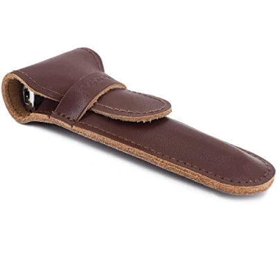 Image of Genuine Leather Safety Razor Protective/Travel Case for Any Razors Brown Keeps Your Double Edge Blade Safe.