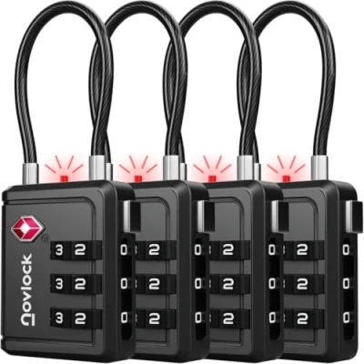 Image of TSA Approved Luggage Locks with Alert Indicator Travel Padlocks Flexible Cables for Suitcases, Backpacks, Carry On Bags &amp; More Suitcase Locks, 4 Pack, Black