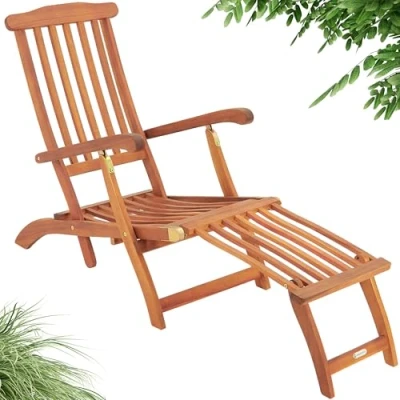 Image of CASARIA® Queen Mary Sun Lounger FSC® certified Acacia Wood 160kg Load Capacity Weatherproof Wooden Garden With Armrests Adjustable Footrest Section