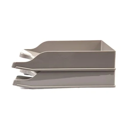 Image of Deflecto 2 Pk A4 Self Stacking letter tray In Warm Grey, paper organiser, organiser storage, desk trays CP130YTWGYX2