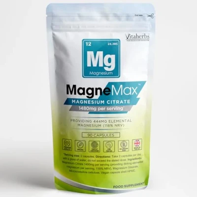 Image of High Strength Magnesium Supplements 1480mg 90 Citrate Capsules Vegan &amp; Gluten Free Providing 444mg Absorption Elemental MagneMax Made in The UK Vitaherbs