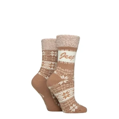 Image of Women&#039;s 2 Pair Jeep Fairisle Thermal Soft Top Boot Socks Fawn / Ecru 4 8