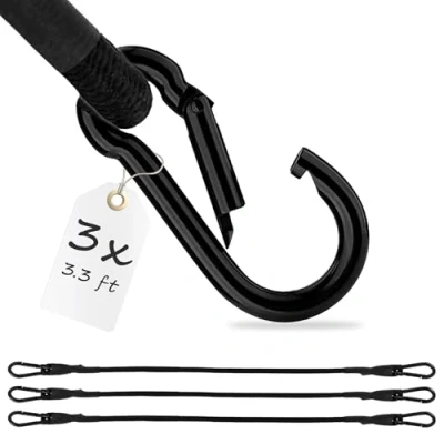 Image of ECENCE Bungee Cords with Carabiner Clips 3x Rubber Cords, Expanders Straps 39.37inch Tension Cord for Bicycles, Cars, Luggage, Transport Protection Black