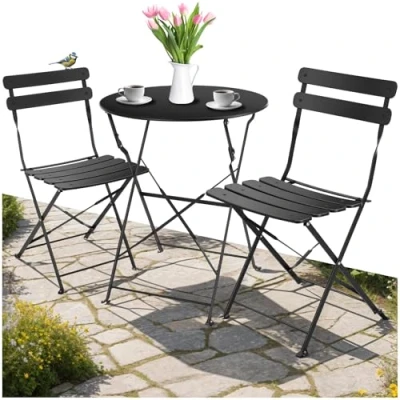 Image of TecTake® Bistro Set with 1 Garden Table &amp; 2 Chairs, Foldable Design Stylish Slats, Steel Frame, Floor Protective Non Slip Feet, No Assembly Furniture for Patio Balcony Black