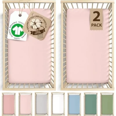 Image of Bunnyjik GOTS Organic 2 x Baby Cot Fitted Sheets Silky Soft (Pink + Pink, 120x60cm)