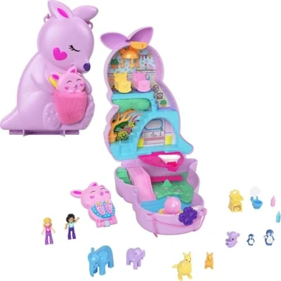 Image of Polly Pocket Mini Toys, Mama and Joey Kangaroo Purse 2 in 1 Compact Playset with Micro Dolls Accessories, Travel HKV50