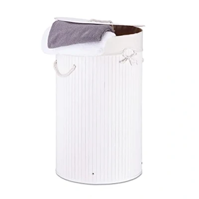 Image of Relaxdays Folding Round Basket, 41 cm Diameter, 65 Tall, Foldable, Volume of 80 L, with Cotton Laundry Sack, White, x