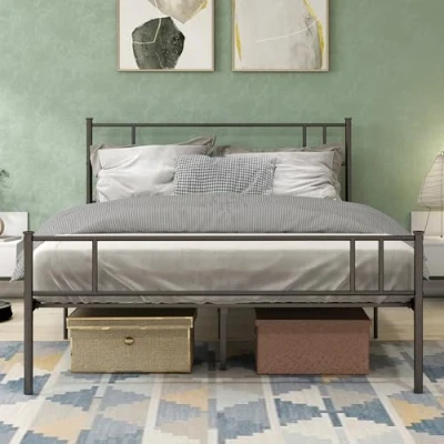 Image of HOMCOM Double Metal Bed Frame Solid Bedstead Base with Headboard and Footboard, Slat Support Underbed Storage Space, Bedroom Furniture, Black