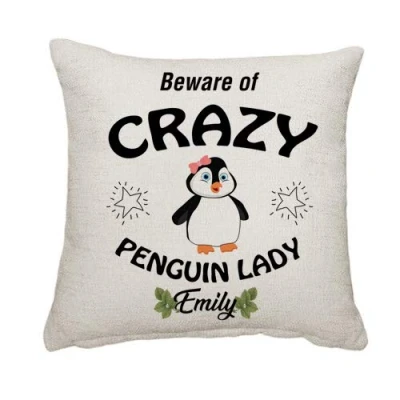 Image of Getagift Personalised Beware Of Crazy Penguin Lady Themed Funny Throw Pillow Cushion Cover With Insert. (Linen 45 X Cm) (Cushion Linen)