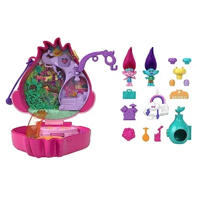 Image of Polly Pocket &amp; DreamWorks Trolls Compact Playset with Poppy Branch Dolls 13 Accessories, Collectible Toy Inspired by Band Together