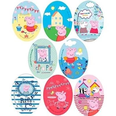 Image of 8 Screen Printed Children&#039;s Patches for Ironing onto Clothes. Heat Adhesive Applications Repairing and Decorating Trousers, Jackets, Jumpers, Backpacks, etc. (Peppa Pig)