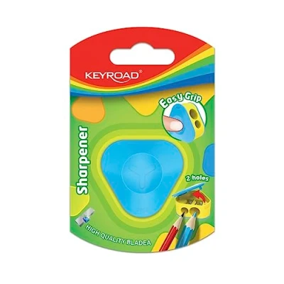 Image of KEYROAD Ergonomic Double Pencil Sharpener Triangular with Container / 1 Piece/Plastic/Steel Blades/Pencils and Coloured Pencils/Blister Pack Mixed Colours