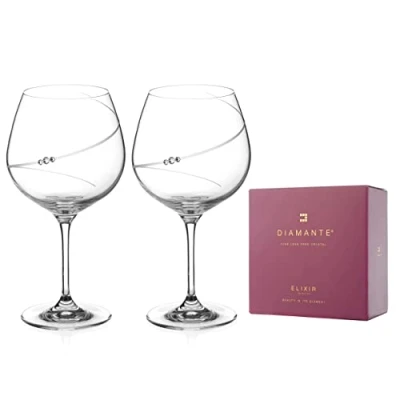 Image of DIAMANTE Swarovski Gin Copa Glasses Pair &#039;Silhouette&#039; Adorned with Crystals Burgundy Gift Box
