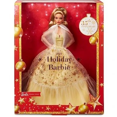Image of 2023 Holiday Barbie Doll, Seasonal Collector Gift, Signature, Golden Gown and Displayable Packaging, Light Brown Hair