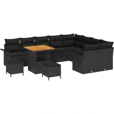 Image of vidaXL 12 Piece Garden Sofa Set with Cushions Black Poly Rattan Acacia