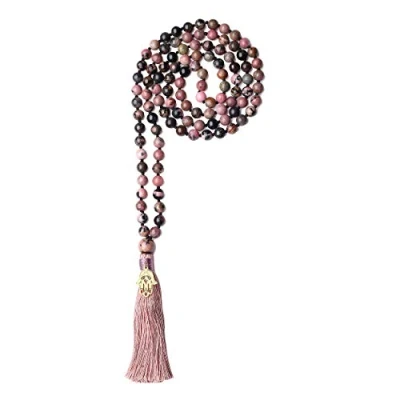 Image of coai Hand Knotted Tassel Black Veins Rhodonite Stone 108 Mala Beads Necklace